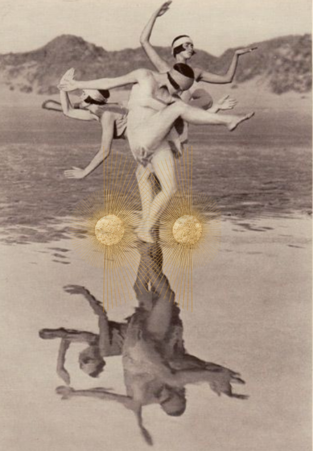 Vintage photograph of dancers on a beach reflected in water, with two gold suns